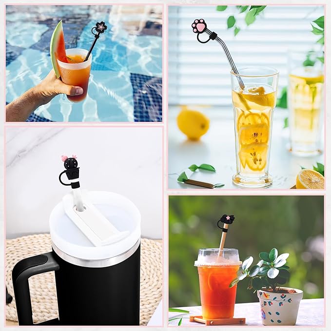 Black Straw Covers Cap for Stanley Cup, 8 Pcs Straw Toppers for Stanley 30&40 Oz Tumbler, Cute Straw Caps Reusable Straw Tips Protectors for 0.4 Inch/10 mm Stanley Cup Accessories