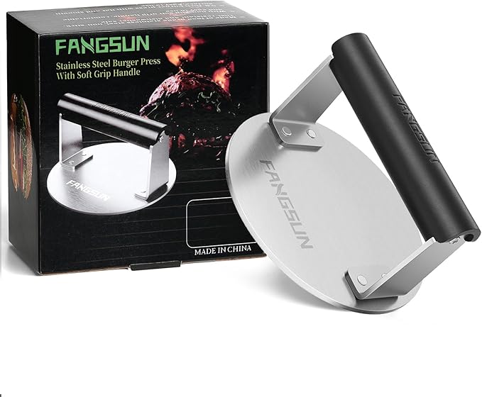 FANGSUN Smashed Burger Press, Burger Smasher for Griddle, Heavy-duty Stainless Steel Hamburger Press with Heat-resistant Handle, Non Stick Bacon Press, 6-Inch Grill Meat Press, Griddle Accessories Kit