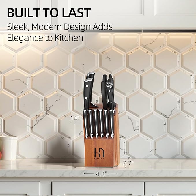 Knife Set, 15 Pcs Kitchen Knife Block Sets with Sharpener, Japanese High Carbon Stainless Steel Set of Knives, Premium Razor Sharp Black Knives Set with Block for Kitchen, Ergonomic Handle