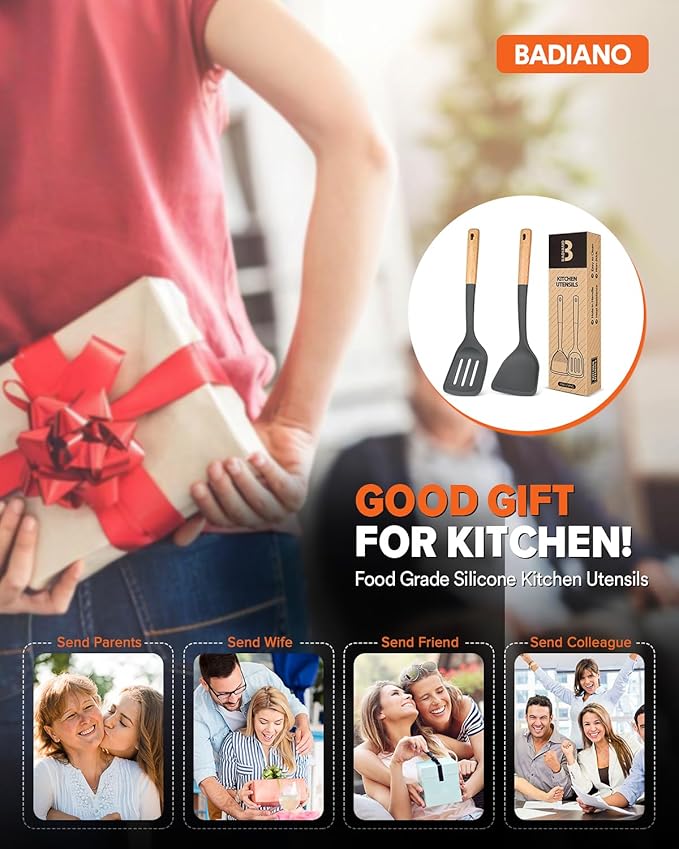 Silicone Wok Spatula Turner Set, Perfect for Scooping, Flipping, Lifting Pancakes and Picking up Veggies, BPA-Free Matte Silicone, Wooden Handles, Safe for Nonstick Cooking Surfaces (Grey)