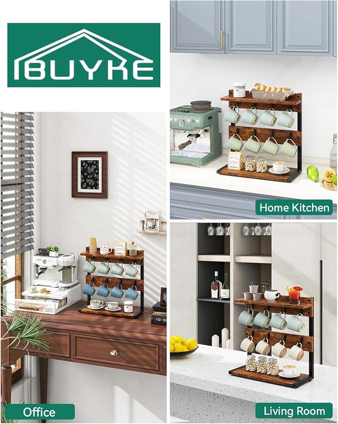 IBUYKE Rustic Coffee Mug Holder Stand, 2 Tier Countertop Mug Tree Holder Rack - Image 9