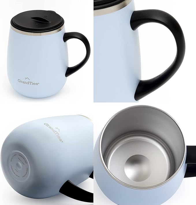 GRANDTIES Insulated Coffee Mug with Handle - Sliding Lid for Splash-Proof 16oz Wine-Glass Shape Thermal Tumbler with Double Walled Vacuum Stainless Steel to Keeps Beverages Hot or Cold-Glacier Lake