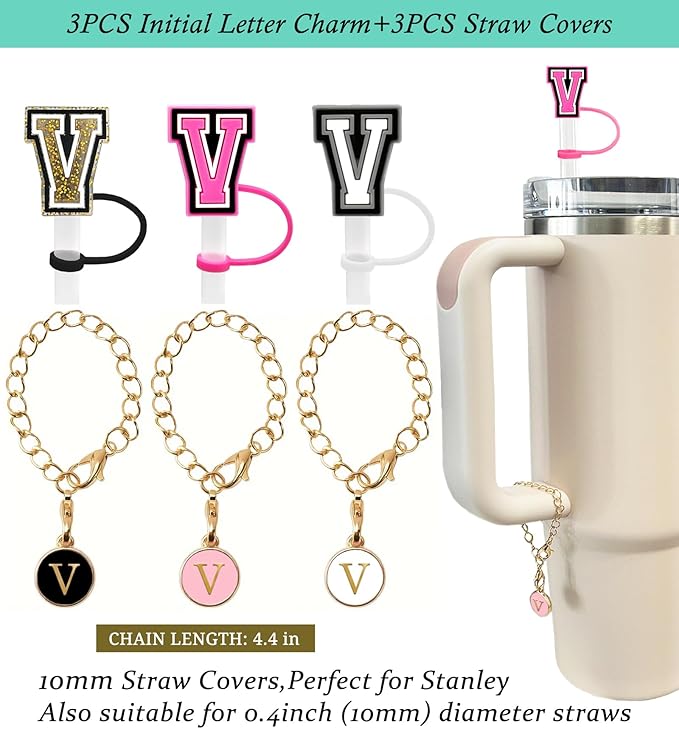 (3 +3) 3PCS Nuozme Straw Cover 10mm For Stanley Tumbler Cup Reusable Straw Cap Topper with 3 Initial Letter Charms Accessories Name ID Personalized Handle Charm For Stanley 30&40 Oz Cup Tumbler