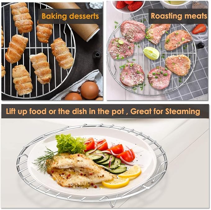 P&P CHEF Round Cooking Rack, 3 Pcs Stainless Steel Baking Cooling Steaming Grilling Rack, Fits Air Fryer/Stockpot/Pressure Cooker/Round Cake Pan, Oven & Dishwasher Safe (7.5 + 9 + 10.5 Inch)