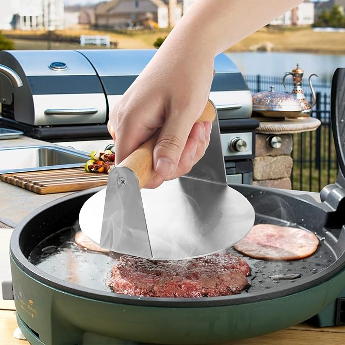 ALLTOP Smash Burger Press,Stainless Steel Non-Stick Hamburger Press Patty Maker for Flat Top Griddle,Grill,BBQ,Kitchen - Round Accessory (5.5” Wood Handle)