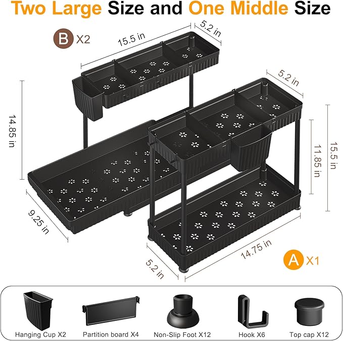 3 Pack Multi-Purpose Under Sink Organizers and Storage (Black, 14.85 inches)
