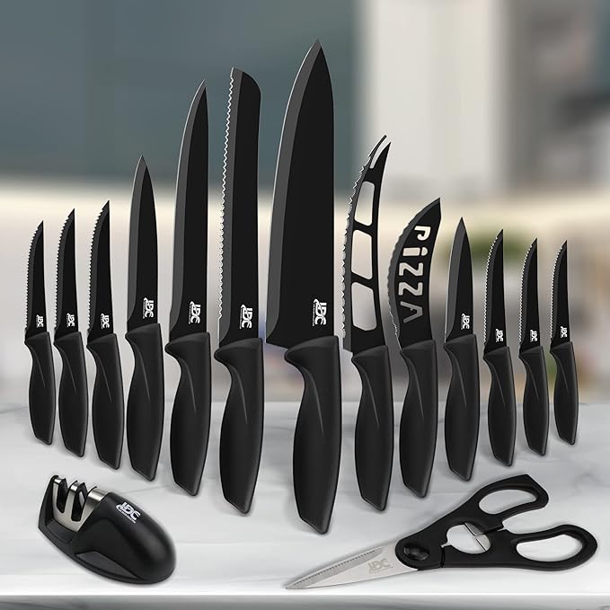 LDC Kitchen Black Knife Set - Stainless Steel, Dishwasher Safe Ergonomic Knives Set with Anti-Slip Handles - Ultra-Sharp Blades - Kitchen Essential Knives - 15 Piece Set