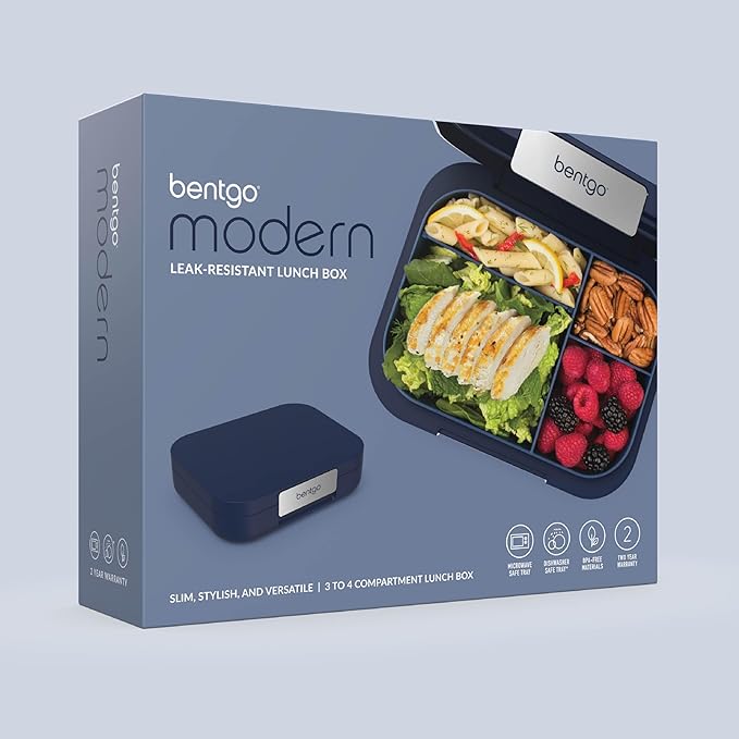 Bentgo Modern - Adult & Teen Bento Lunch Box; 3-4 Compartments, Leak-Resistant, 5.5 Cup Capacity/44 fl oz, Improved Locking Clips, Reusable, BPA-Free, Dishwasher/Microwave Safe Tray (Navy)