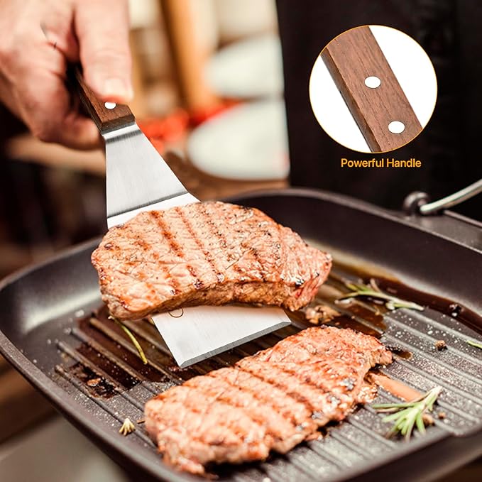 Stainless Steel Spatula Turner for Cast Iron Skillet, Grill Spatula with Wooden Handle, Heavy Duty Pancake Turner Metal