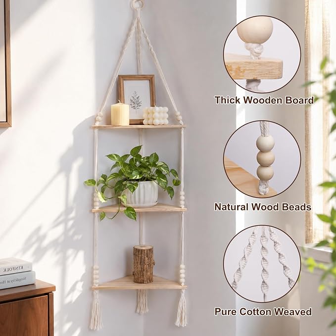 Artilady Macrame Corner Shelf Wall Hanging 3-Tier, Adjustable Boho Wood Plant - Image 6