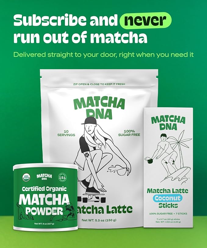 MatchaDNA Coconut Matcha Latte Powder Sticks 7 Pack (20g Each) – Sweetened with Milk, No Sugar Added – Instant Matcha Latte Mix Packets – Organic Macha Tea Powder for Hot or Iced Drinks, Smooth Energy