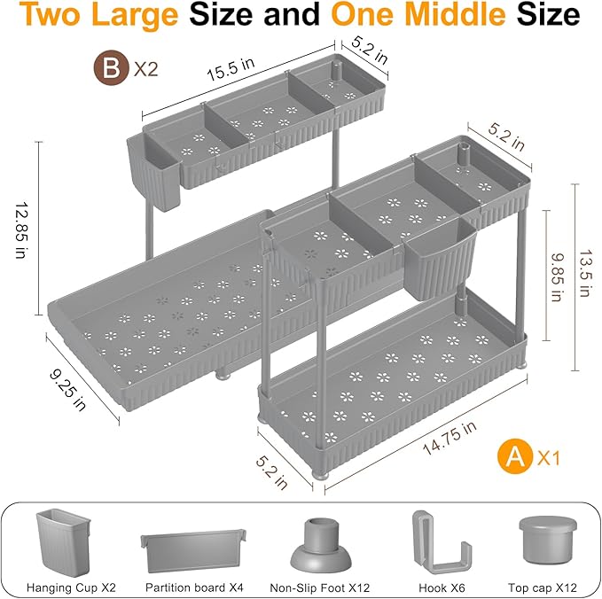 3 Pack Multi-Purpose Under Sink Organizers and Storage (Grey, 12.85 inches)
