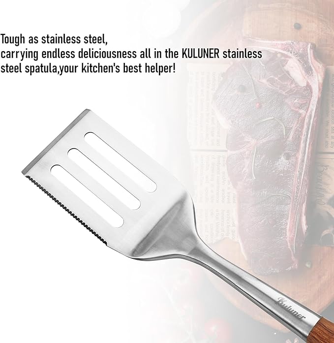 KULUNER Professional Grade Stainless Steel Cooking Spatula - 17 Inches, Sturdy and Durable, Premium Solid Wood Handle, with Bottle Opener, Suitable for Barbecue, Outdoor Kitchens, and Grilling Food