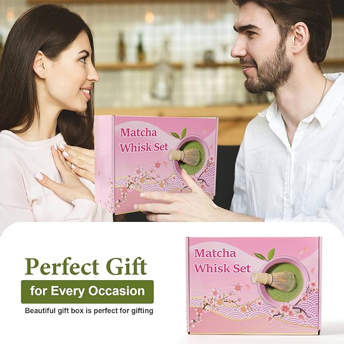 6pcs Matcha Whisk Set Includes Resin Matcha Whisk,Ceramic Matcha Bowl Set and Sifter,Matcha Whisks Holder,Natural Bamboo Spoon and Tea Towel for Matcha Starter Kit Lovers (Pink)