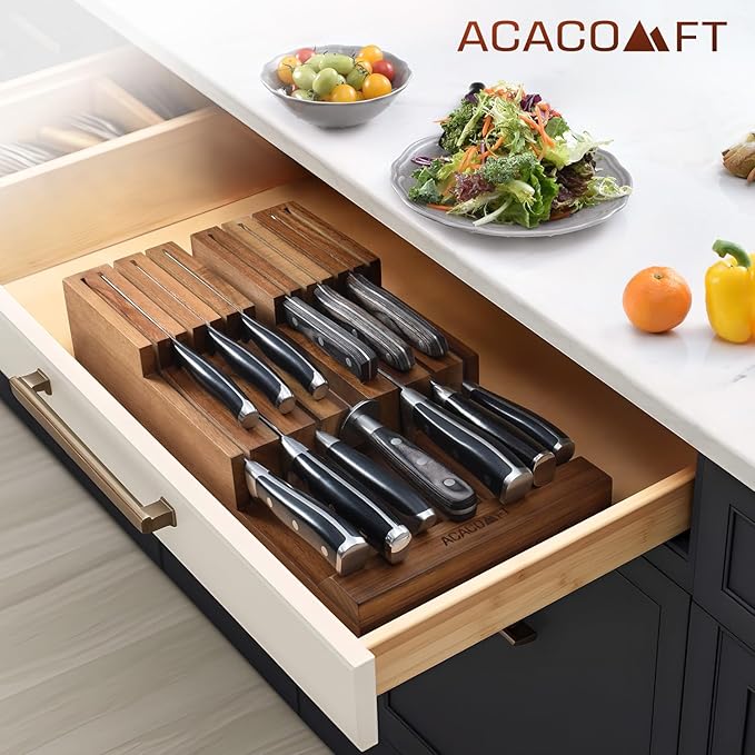 In-Drawer Knife Block, Acacia Wood Kitchen Knife Drawer Organizer, Knife Holder without Knives For Up to 12 Knives Steak Knife Chef Knife