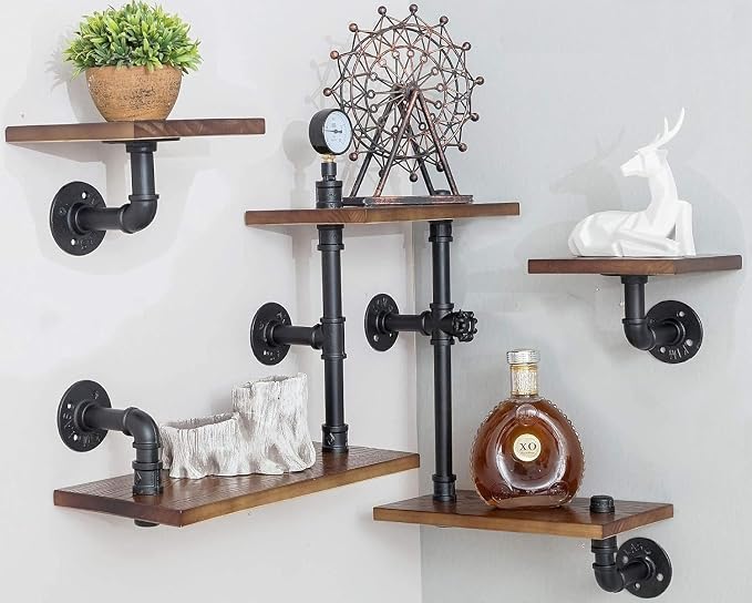 Industrial Rustic Modern Wood Ladder Pipe Wall Mounted Floating Shelves - Image 9