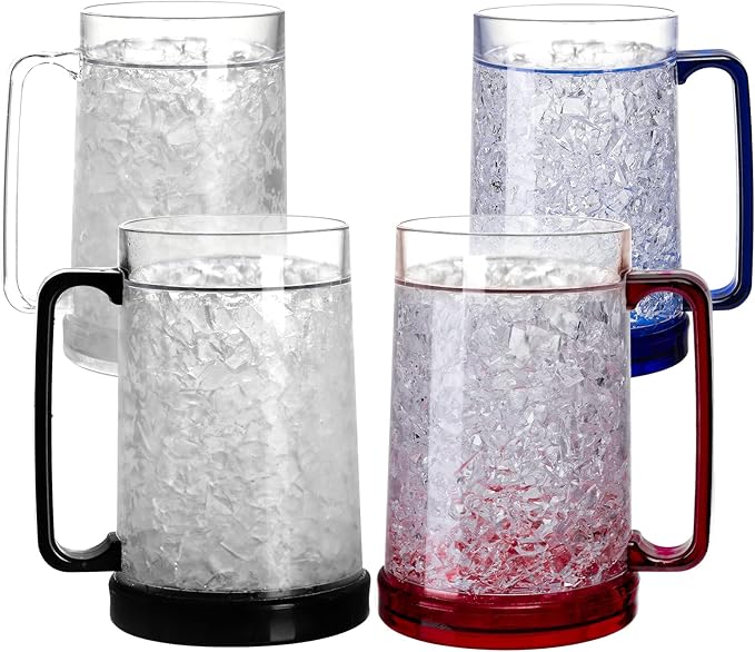 Double Wall Gel Frosty Freezer Ice Mugs Clear Set of 4 (White black red and blue)