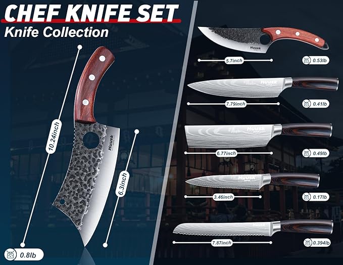 Huusk Japanese Kitchen Knife Set 6pcs with Gift Box, Butcher Knife Set for Meat Cutting, Cooking Knives with Meat Cleaver, Chef Knives Professional, Cool Mens Christmas Gift