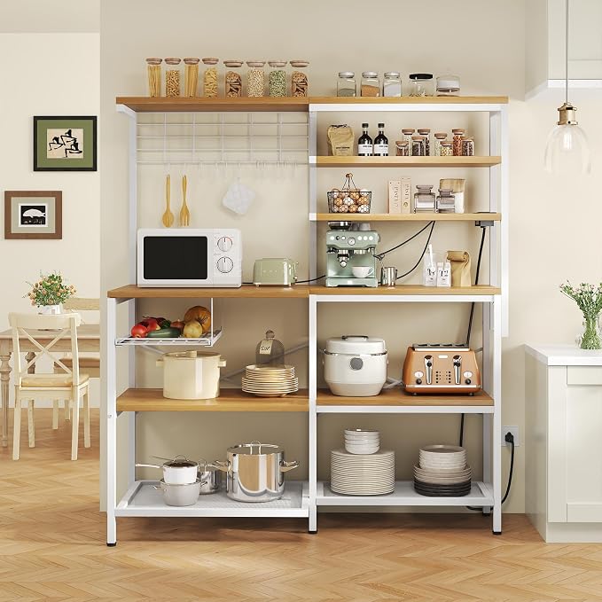 L-Shaped Bakers Rack with Power Outlet, 6-Tier Microwave Stand with Open Storage - Image 7