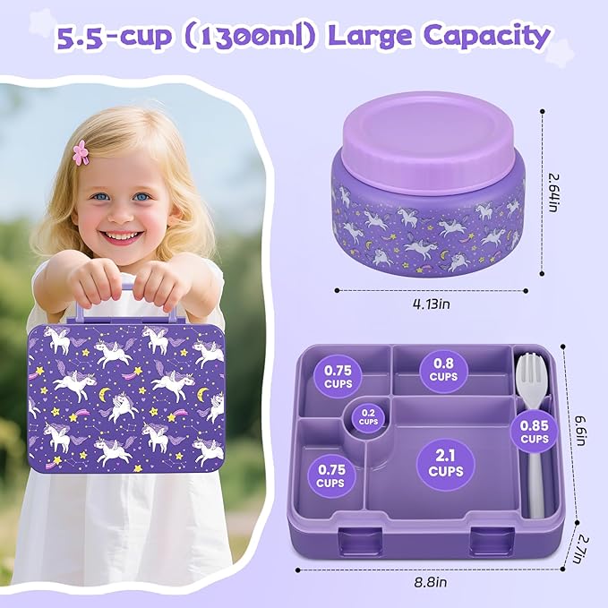 Bento Lunch Box Kids and 9oz Soup Thermos – 5.5-Cup Leakproof Kids Bento Box with Ice Pack & 9oz Insulated Food Jar – Hot & Cold Food Lunch Container for Boy Girl School, Purple Set