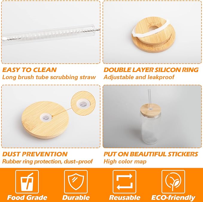 Drinking Glasses with Bamboo Lids and Glass Straw 2PCS Set, 16oz Glass Cups with Lids and Straws, Beer, Iced Coffee Glasses, Soda, Gift 1 Cleaning Brushes