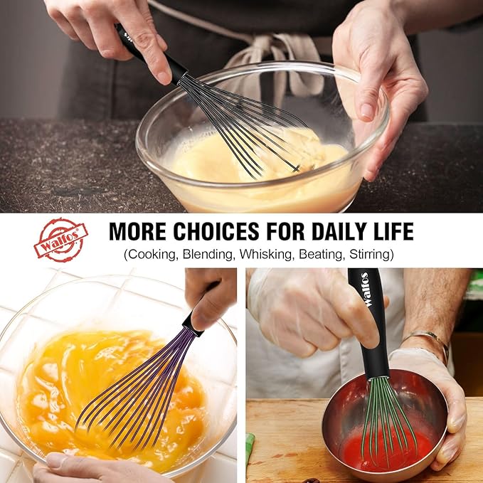 Walfos Silicone Whisk With 8in Rest,Whisks for Cooking Non Scratch,7.5+9+11in Whisk for Nonstick Cookware,Dishwasher Safe,Rest for Kitchen Counter Wisk Perfect for Blending, Baking, Beating, Set of 4
