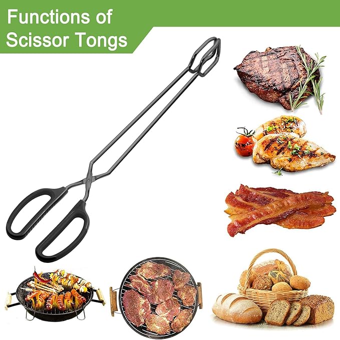 16" Extra Long Scissor Tongs, Stainless Steel Metal Kitchen Tongs for Cooking, Grilling & Serving (Black)