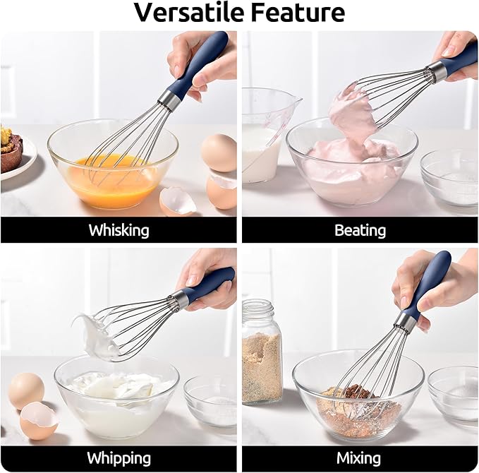 U-Taste 9" Small Egg Whisk: 18/10 Stainless Steel Kitchen Cooking Wire Balloon Wisk, Heavy Duty Metal Beater Stirrer, Manual Baking Tool with 6 Flex Wires for Mixing, Blending Sauce (Midnight Blue)