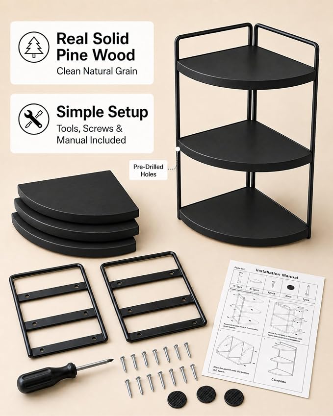 3-Tier Corner Bathroom Counter Organizer, Solid Pine Vanity Shelf, or coffee - Image 7