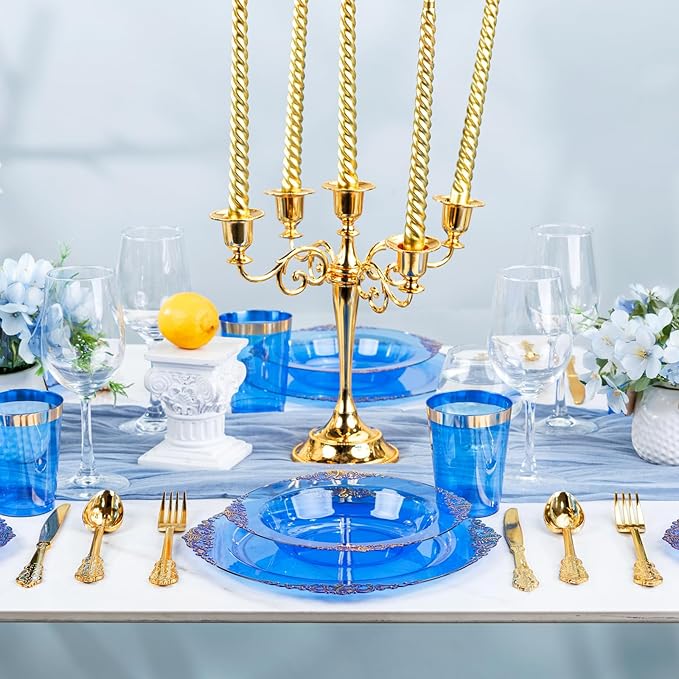 Nervure 50PCS Blue Plastic Bowls with Gold Rim - 12oz Disposable Soup Bowls, Heavy Duty Salad Dessert Bowl Perfect For Weddings, Father's Day and Everyday Use