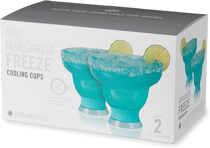 Host FREEZE Stemless Margarita Glasses, Insulated Plastic Cocktail Glasses for Frozen Drinks, Double Wall Chiller Cups for Daiquiri, Tiki Drinks, Home Bar, Party Gifts, 12 oz, Set of 2, Aqua Blue