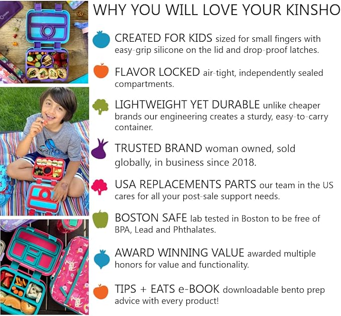 kinsho Bento Lunch Box for Kids Toddlers, 4 Portion Sections Secure Lid, Microwave Safe BPA Free Removable Tray, Pre-School Kid Daycare Lunches Snack Container Ages 3 to 5 Blue Purple