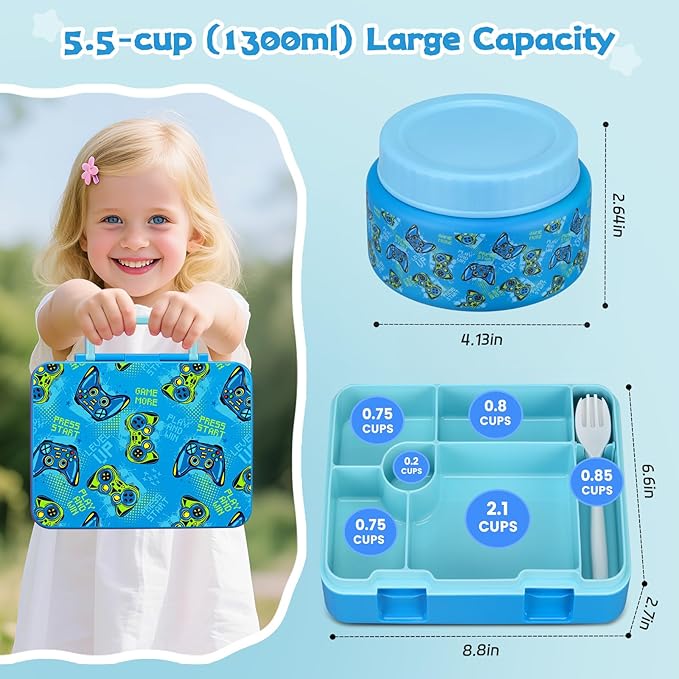 Bento Lunch Box Kids and 9oz Soup Thermos – 5.5-Cup Leakproof Kids Bento Box with Ice Pack & 9oz Insulated Food Jar – Hot & Cold Food Lunch Container for Boy Girl School, Blue Set