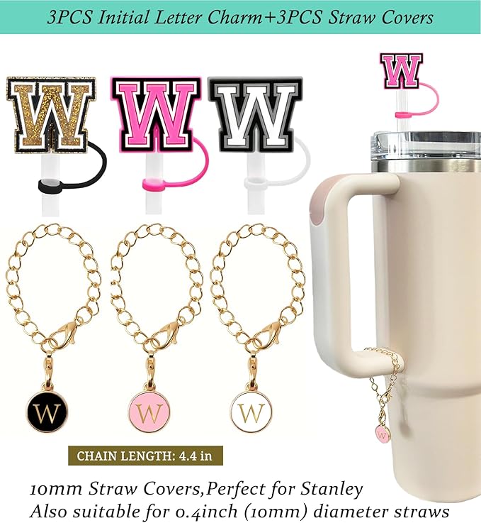(3 +3) 3PCS Nuozme Straw Cover 10mm For Stanley Tumbler Cup Reusable Straw Cap Topper with 3 Initial Letter Charms Accessories Name ID Personalized Handle Charm For Stanley 30&40 Oz Cup Tumbler