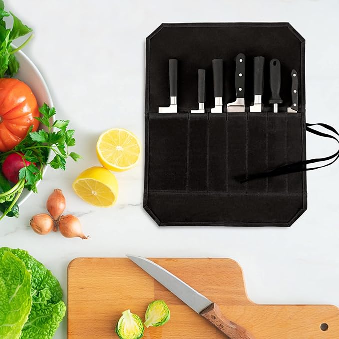 Chef’s Knife Roll Case, Waxed Canvas Cutlery Knives Holders Protectors, Home Kitchen Cooking Tools And Utensils Wrap Bag Wallet, Multi-Purpose Brush Roll Bag, Travel Tool Roll Pouch