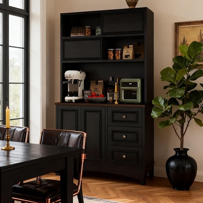 71" Black Pantry Cabinet with Charging Station, 4-Type Storage & Anti-Tip Design, Kitchen Cabinet with Sliding Door/Adjustable Shelves