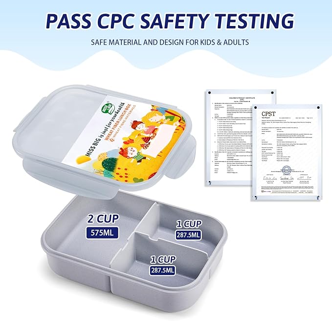 MISS BIG Bento Box for Kids, Leakproof Lunch Box, No BPAs & Chemical Dyes, M/W, D/W & Fridge Safe (1150ml Gray)