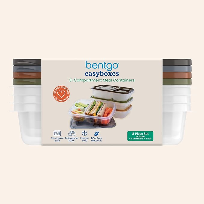 Bentgo Easyboxes - Original Stackable Lunch Boxes - Reusable 3-Compartment Food Containers for Kids and Adults - Bento Lunch Box for Meal Prep, School, & Work - BPA Free, Set of 4 (Earth Tones)
