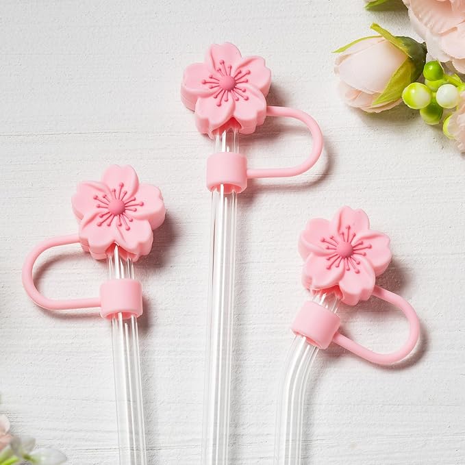 6Pcs Flowers Silicone Straw Cover Cap for Pink Stanley Cup, 0.4in Cute Straw Topper Accessories for 40 oz/30 oz Stanley Tumbler, Portable Protector Plugs Valentines Decor Gifts for Kids Party Favors