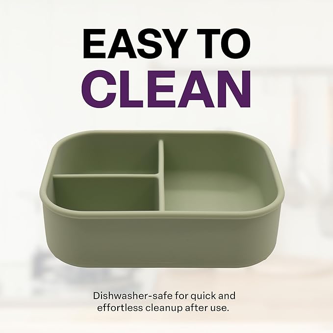 Silicone Bento Box, 3 Compartments, BPA-Free, Leak-Resistant, Dishwasher and Microwave Safe, Perfect for Work, Travel & Meal Prep, (Green)