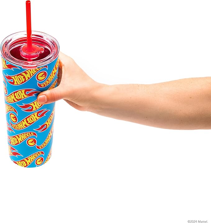 Dragon Glassware x Hot Wheels Insulated Tumbler with Lid and Straw - 24 oz Tumbler Cup with 2 Straws - Stainless Steel Tumbler with Straw for Water, Iced Tea - Travel Coffee Tumbler - Race Team