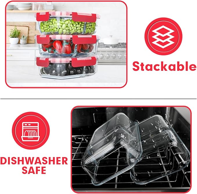 VERONES 10 Pack Glass Meal Prep Containers 2 Compartment Set, 36OZ Airtight Lunch Containers, Glass Food Storage Containers with Lids, for Microwave, Oven, Freezer & Dishwasher Friendly,Red