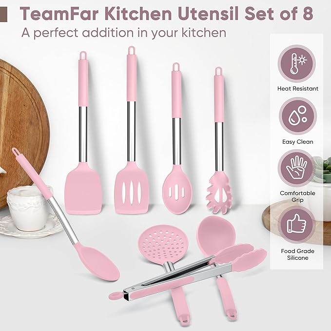 TeamFar Kitchen Utensils Set of 8, Silicone Utensils Kitchen Tools Set with Stainless Steel Handle, for Frying Serving Flipping Draining, Non-toxic & Heatproof, Nonstick & Dishwasher Safe - Pink
