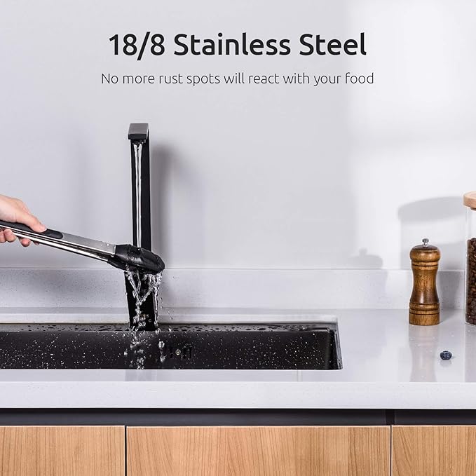 Kitchen Tongs, U-Taste 7/9/12 inches Cooking Tongs, with 600ºF High Heat-Resistant Non-Stick Silicone Tips, 18/8 Stainless Steel Handle, for Food Grill, Salad, BBQ, Frying, Serving, Pack of 3(Black)