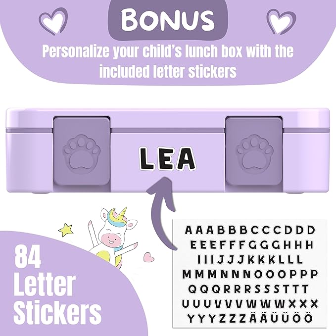 BEARFOOT Kids Lunch Box with Compartments โ Compact & Lightweight | Leak-Proof, BPA-Free, Dishwasher & Microwave Safe | Hand-Drawn Design for Preschool, School, Travel (Purple, 4 Cups)