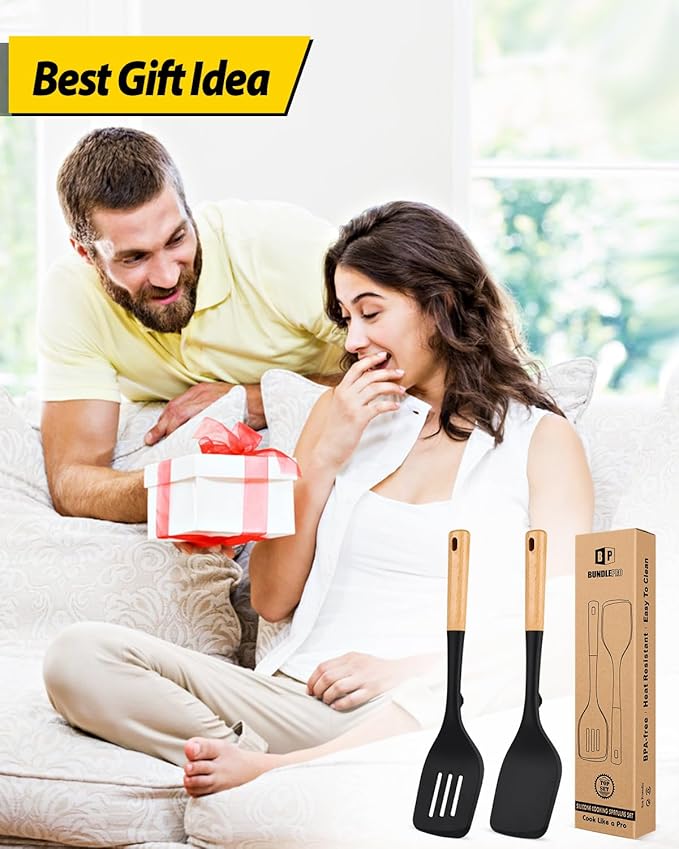 Pack of 2 Large Silicone Spatula, Heat Resistant Solid Turner, Non Stick Slotted Spatulas with Wooden Handle, Ideal Kitchen Utensils for Flipping, Pancakes, Eggs, Fish(BLACK)