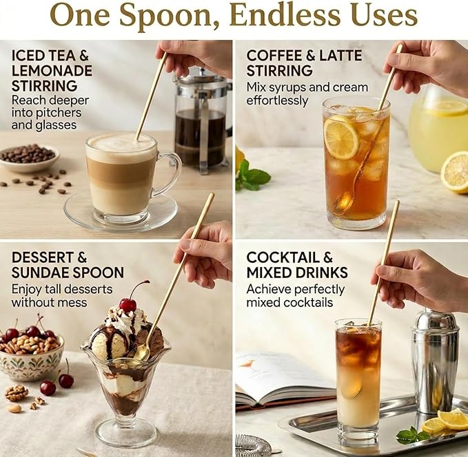 Gold Long Handle Ice Tea Spoons Set of 4, 9.4 Inch Stainless Steel Stirring - Image 8