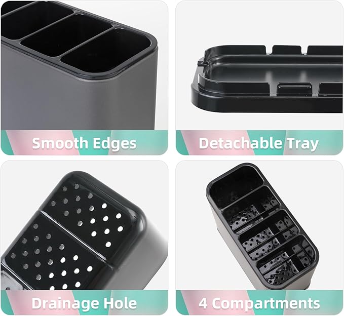 Silverware Organizer,Kitchen Utensil Holder For Counter,Stainless Steel Caddy,4 Compartments Organizer, Capacity Flatware Spoon Fork Tool Cutlery Holder(Grey)