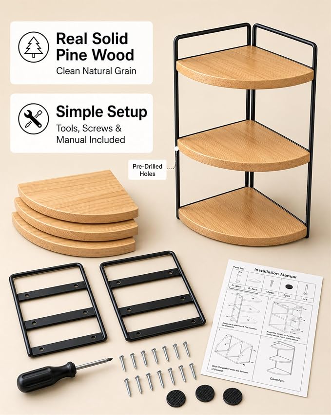 3-Tier Corner Bathroom Countertop Organizer, Solid Pine Wood Vanity Shelf | - Image 7