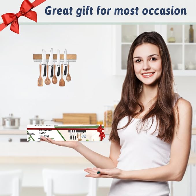 12 Inch Magnetic Knife Holder for Wall Wooden Magnet Knife Strip No Drill with 5 Hooks/Adhesive Tape/Screws, Kitchen Utensil Holder, Magnetic Knife Organizer, Wall Mounted Knife Storage
